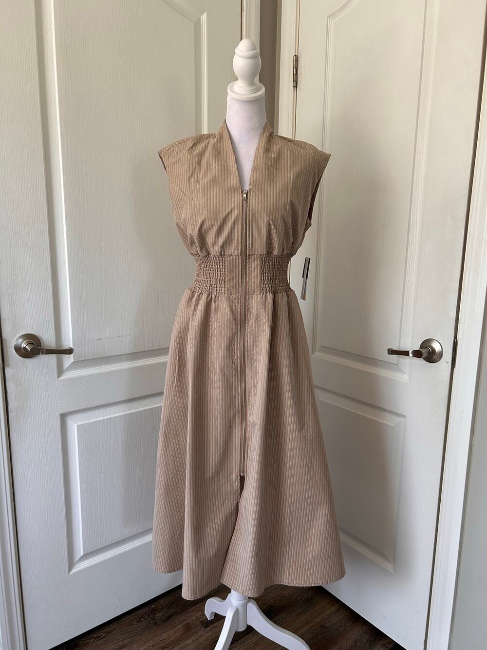 Studio One New York Beige Stripe Zip-Front Dress, Sleeveless Minimalist Style.